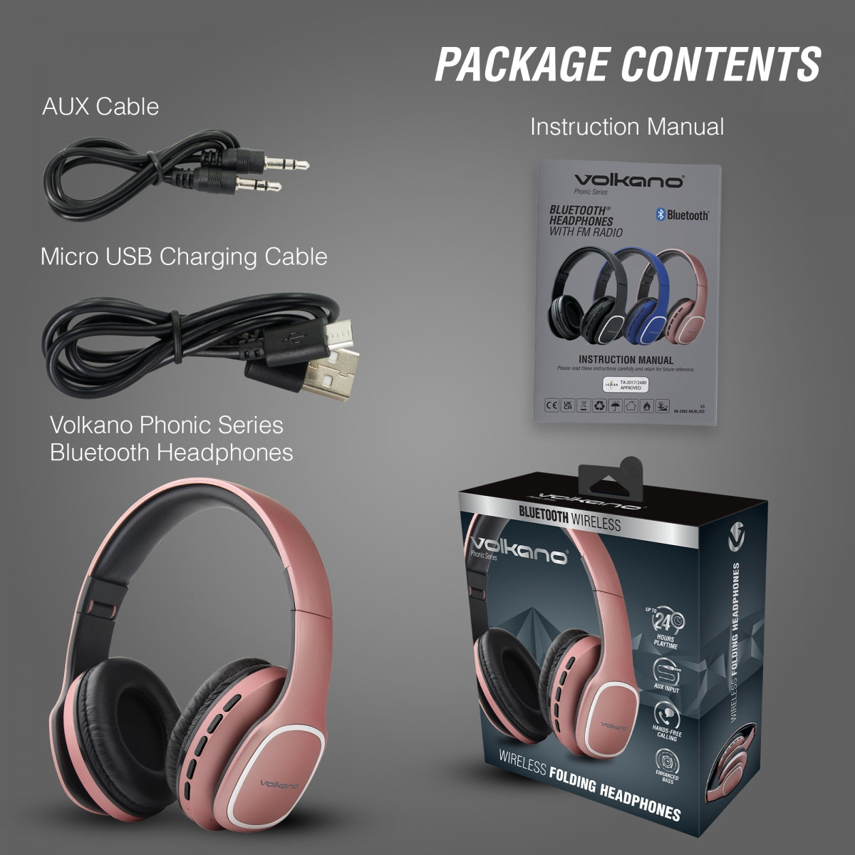 Volkano Phonic Series Bluetooth full size headphones Rose Gold